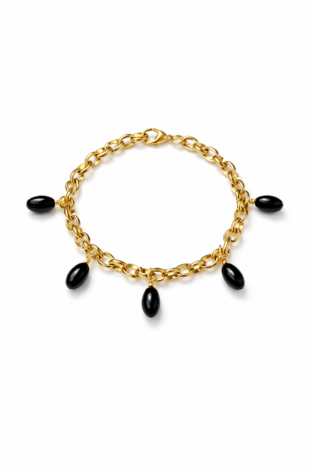 Gold chain bracelet with black beads on a white background, Agatha Bracelet by VINTARAS.