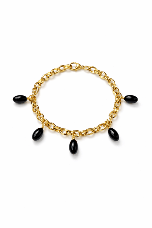 Gold chain bracelet with black beads on a white background, Agatha Bracelet by VINTARAS.