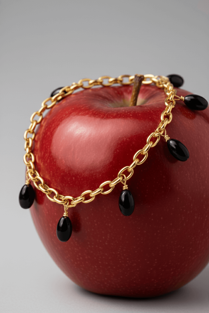 Gold chain bracelet with black beads, Gold chain bracelet with black beads, Agatha Bracelet by VINTARAS, on a red apple against a gray background