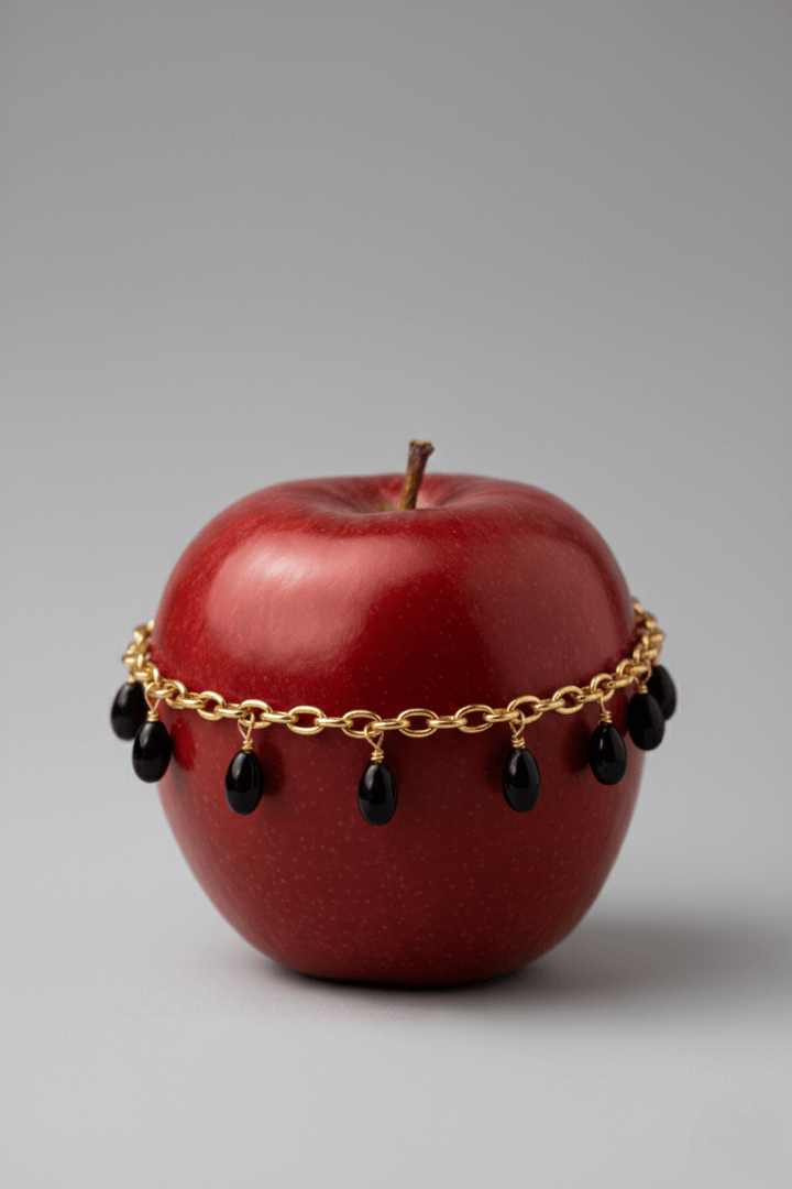 Red apple with a gold chain bracelet and black beads, Agatha Bracelet by VINTARAS, on a gray background.