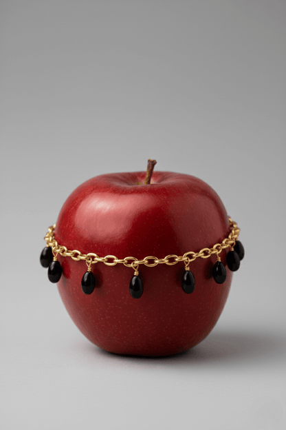 Red apple with a gold chain bracelet and black beads, Agatha Bracelet by VINTARAS, on a gray background.