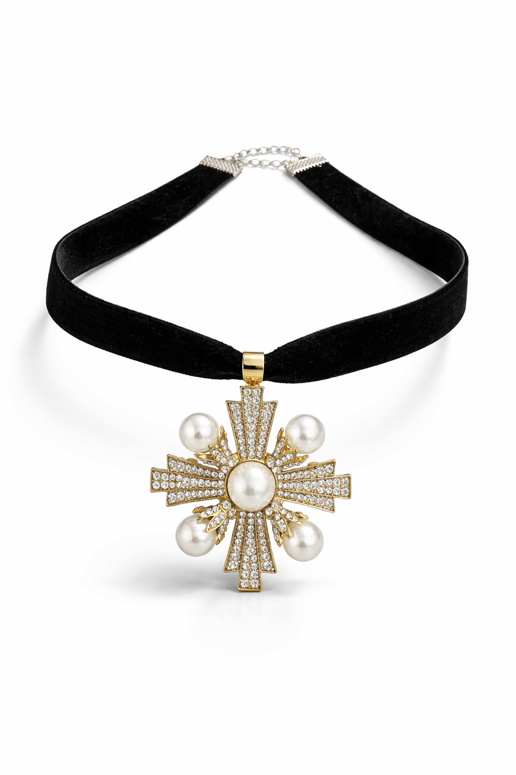 Cross-shaped pendant featuring pearls and small crystals on a black velvet necklace