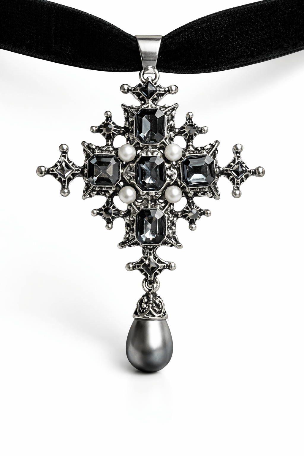 cross pendant with black stones and pearl on a black velvet ribbon necklace