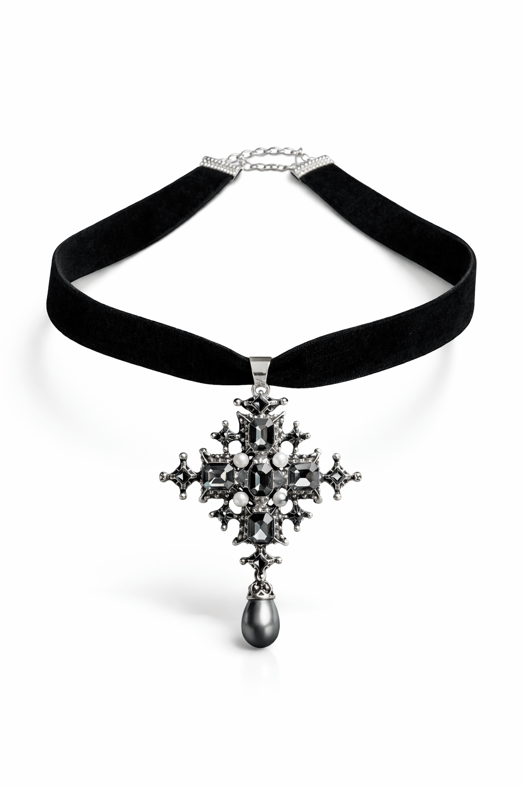 black velvet ribbon necklace with vintage inspired cross pearl pendant