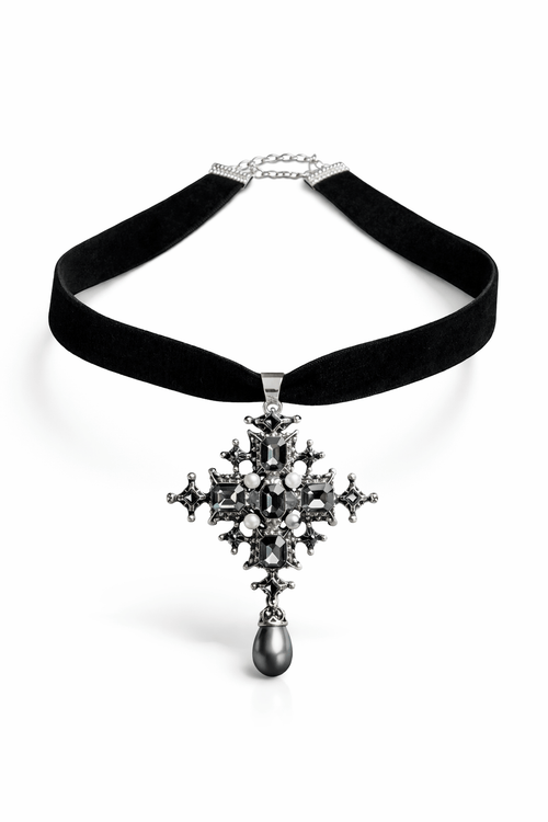 black velvet ribbon necklace with vintage inspired cross pearl pendant