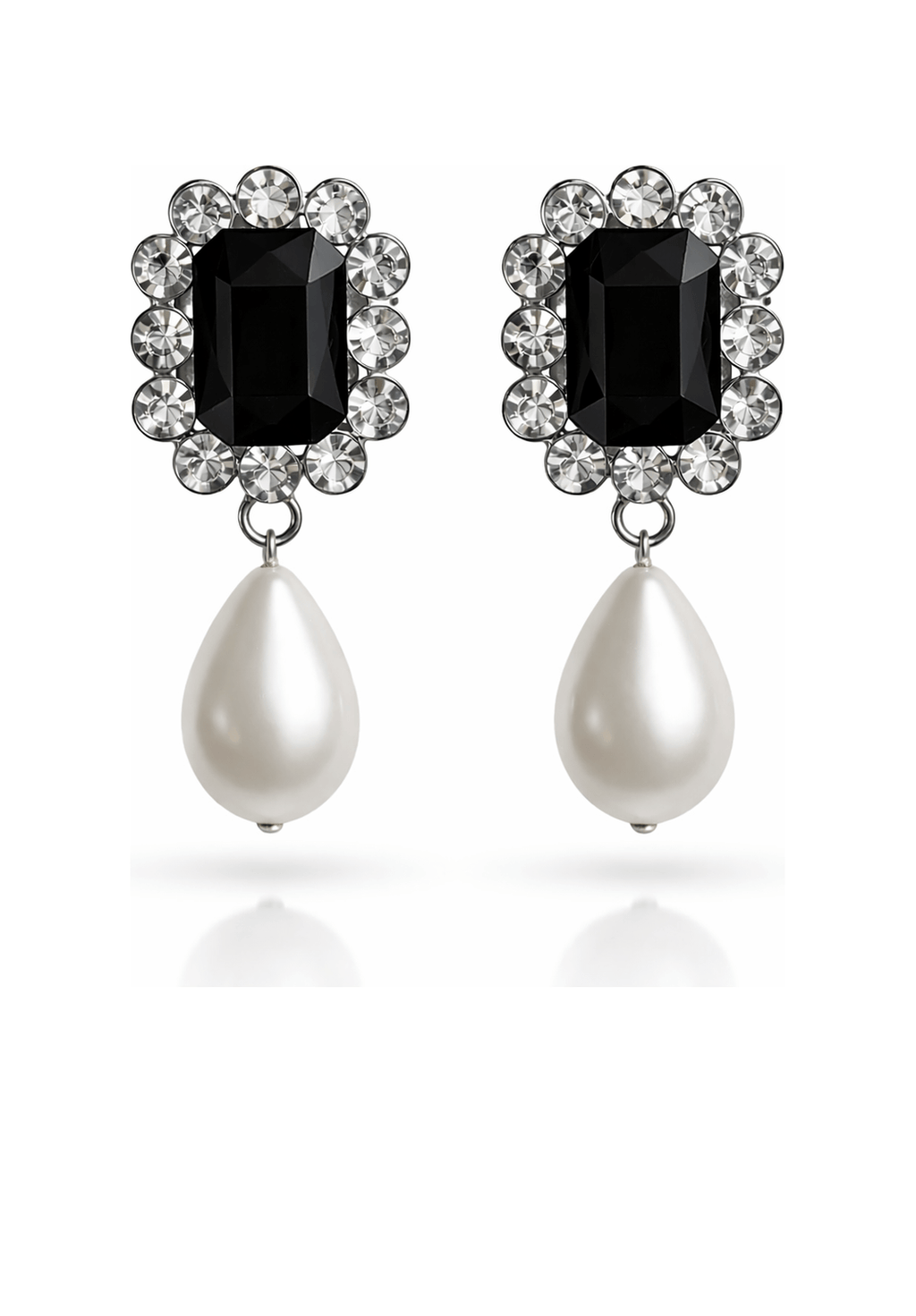 Pair of earrings with black gemstones and pearl drops on a white background