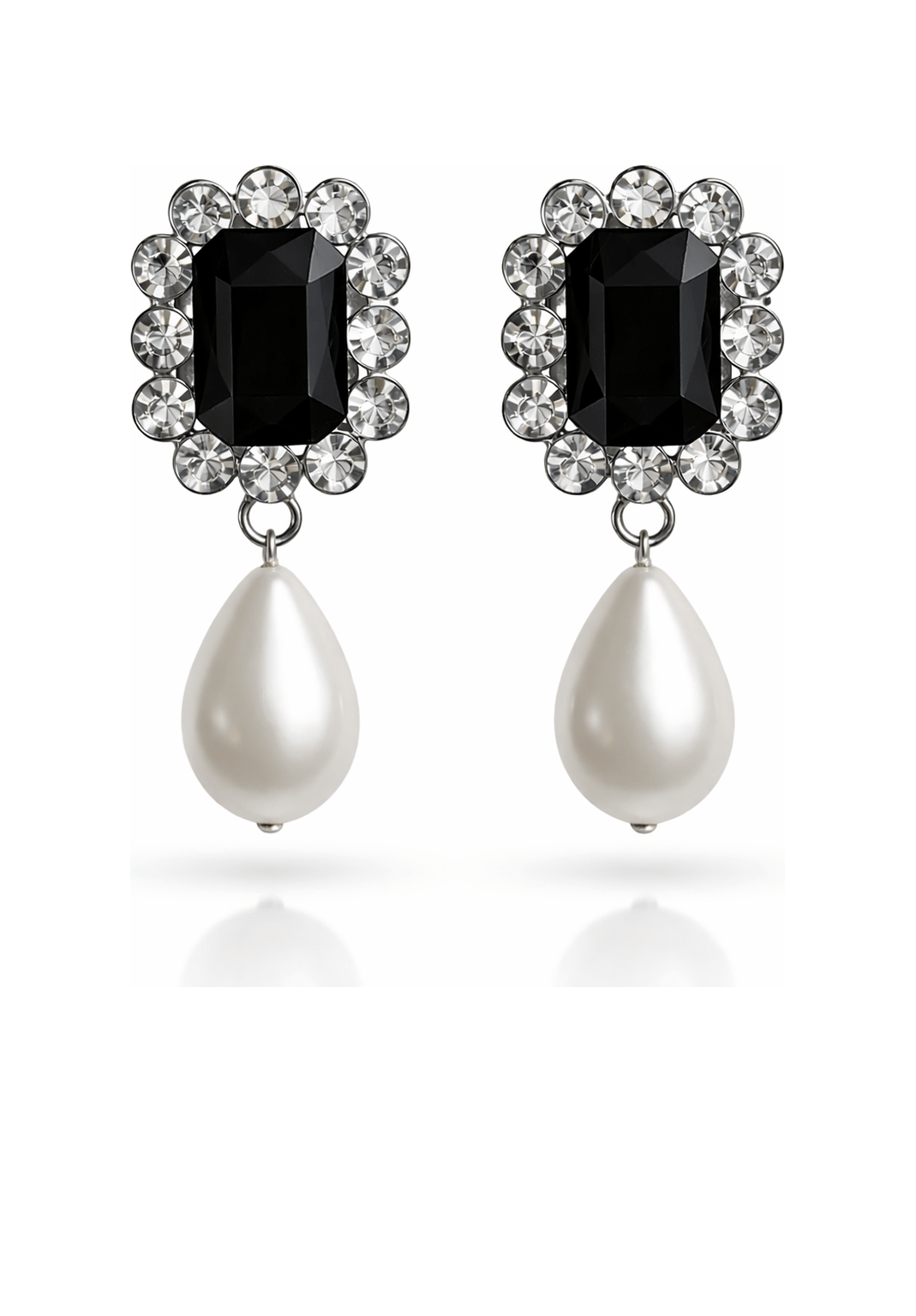 Pair of earrings with black gemstones and pearl drops on a white background