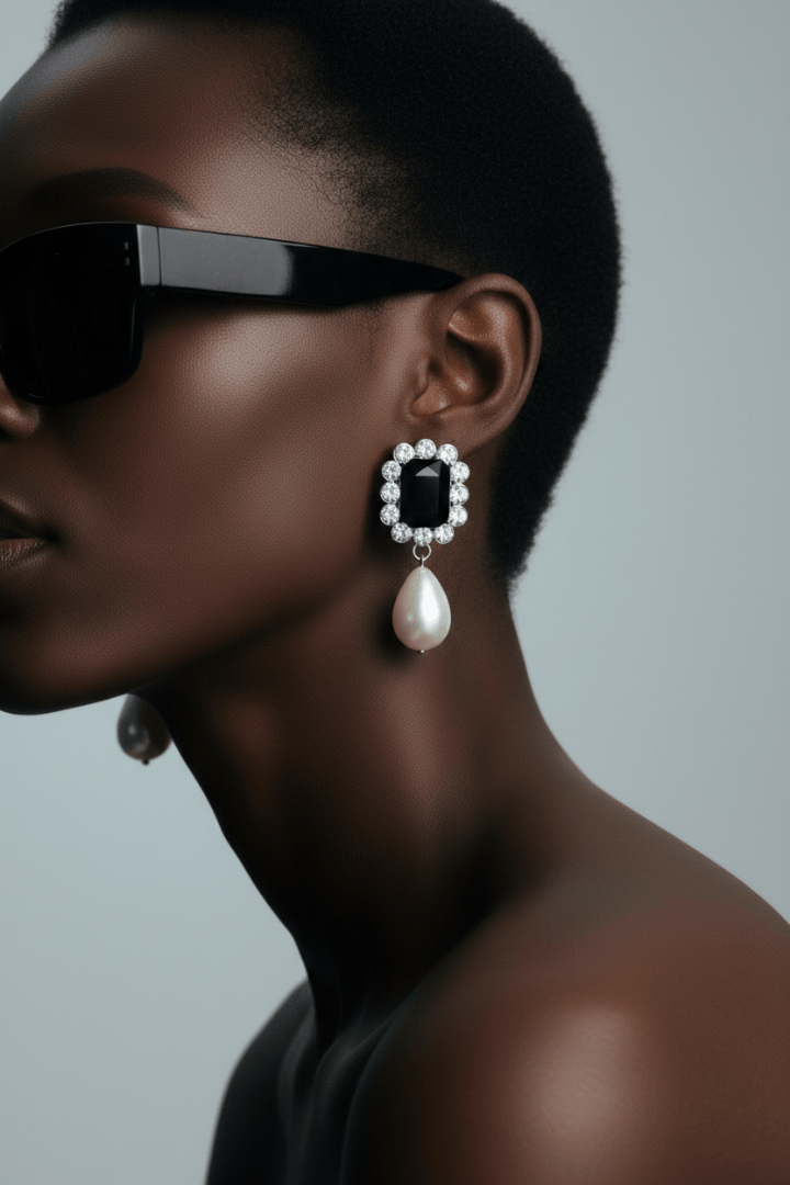Woman wearing large pearl earrings with black gemstone center and sunglasses against a neutral background