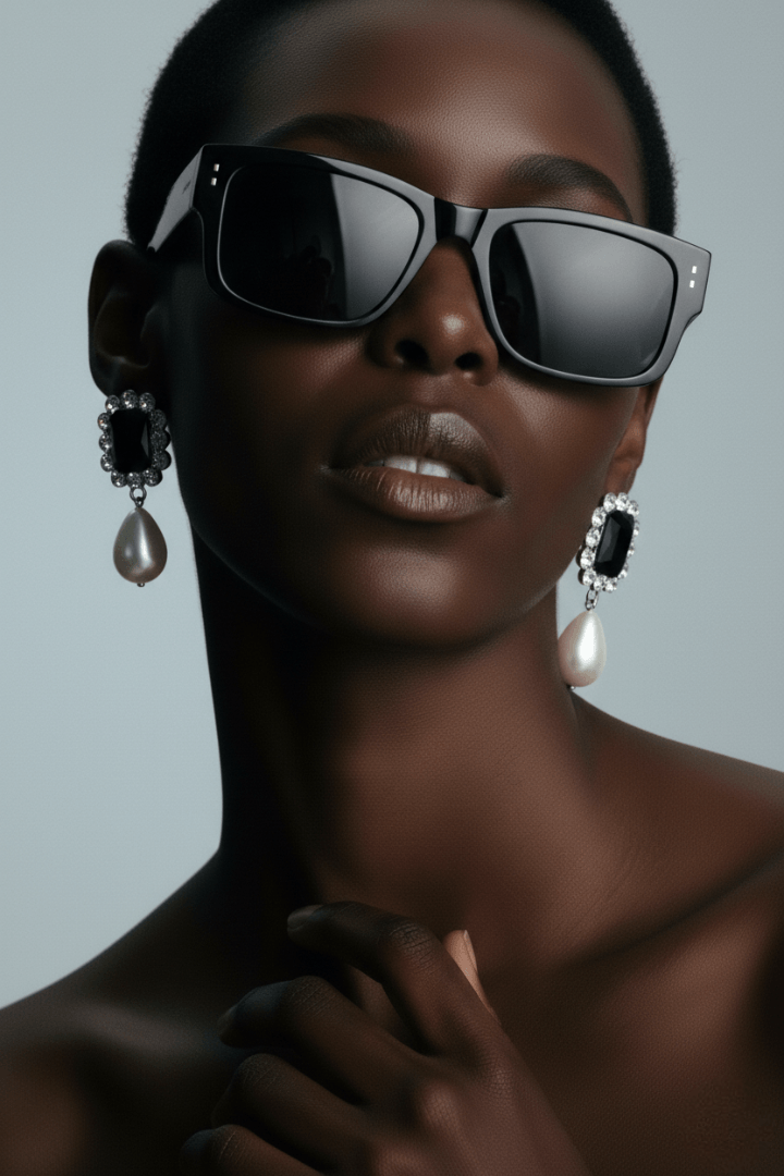 Woman wearing large sunglasses and black gemstone earrings with pearl drop against a gray background