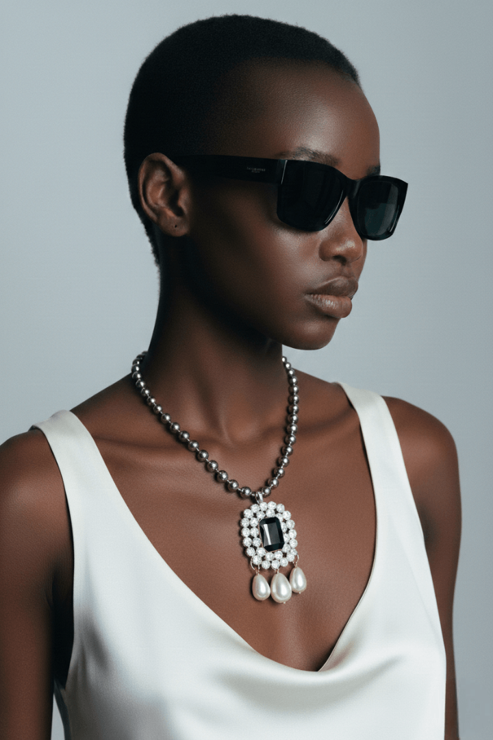 Woman wearing a white top and black sunglasses with a ball and chain necklace featuring pearls and a central gemstone.