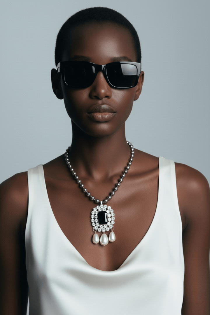 Woman wearing sunglasses and a white top with a Pearl necklace with a black gemstone and pearl drops against a gray background