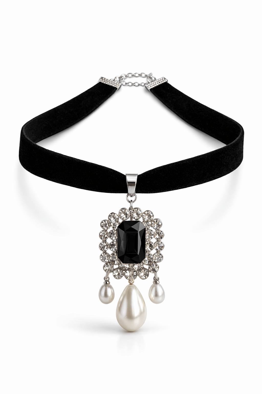 Black velvet necklace with a pendant featuring a black gemstone and pearl