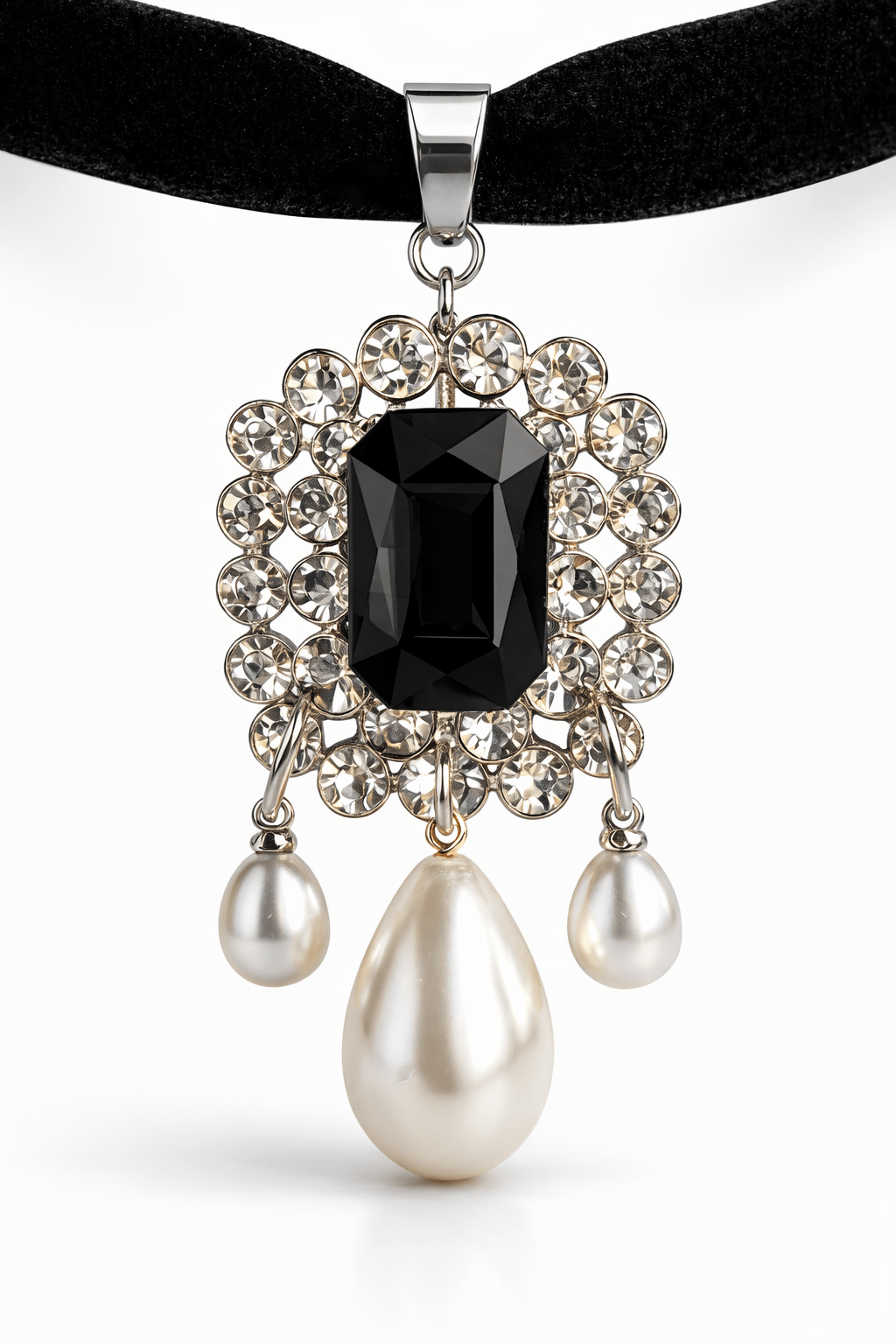 Black velvet cord necklace with a pendant featuring a black gemstone and pearl