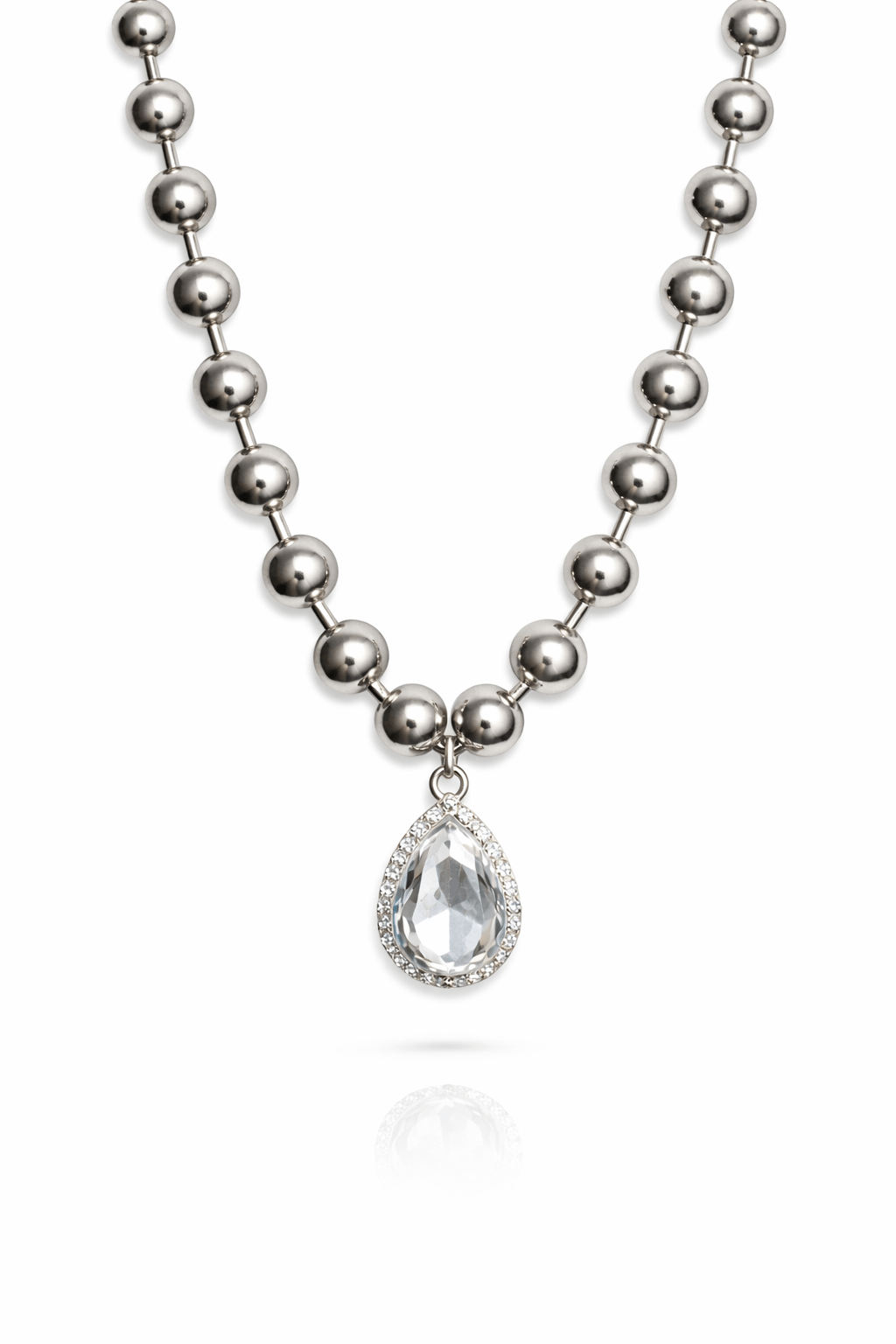 Silver beaded necklace with a teardrop pendant on a white background
