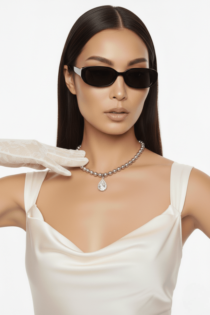 Woman wearing a white bridal dress, a silver beaded necklace with a teardrop pendant and sunglasses with a white background