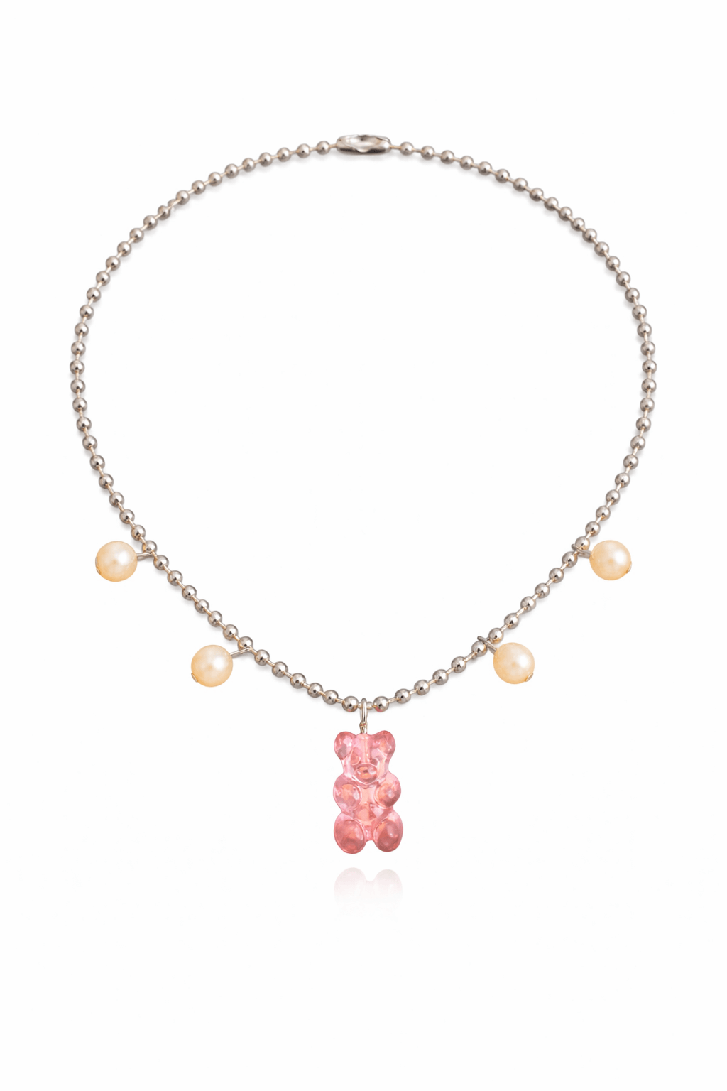 Dolce Bear Necklace with a pink gummy bear pendant on a white background