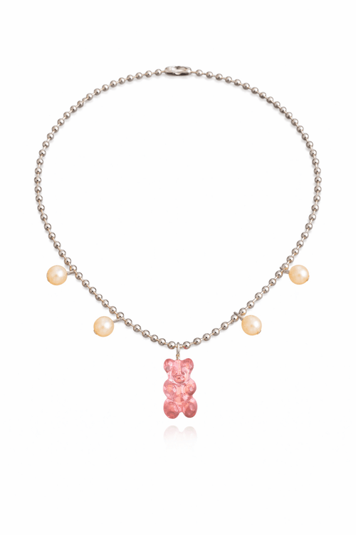 Dolce Bear Necklace with a pink gummy bear pendant on a white background