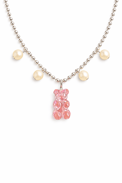 Dolce Bear Necklace with a pink gummy bear pendant on a white background