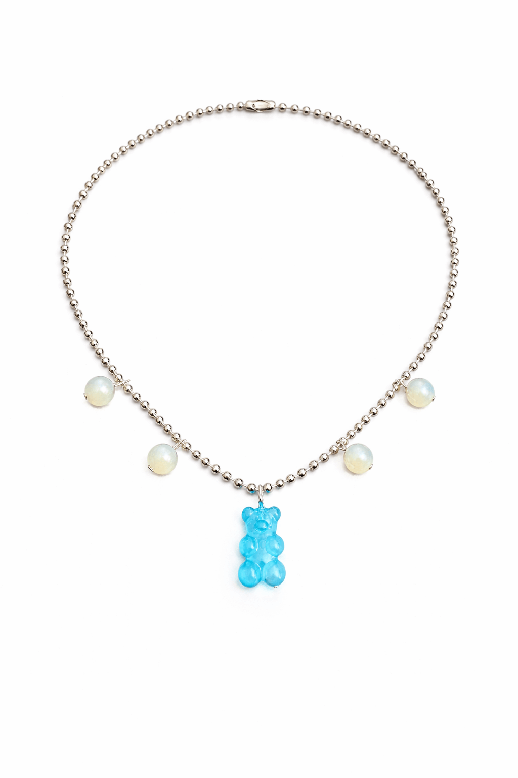 Dolce Bear Necklace with a blue gummy bear pendant on a white background