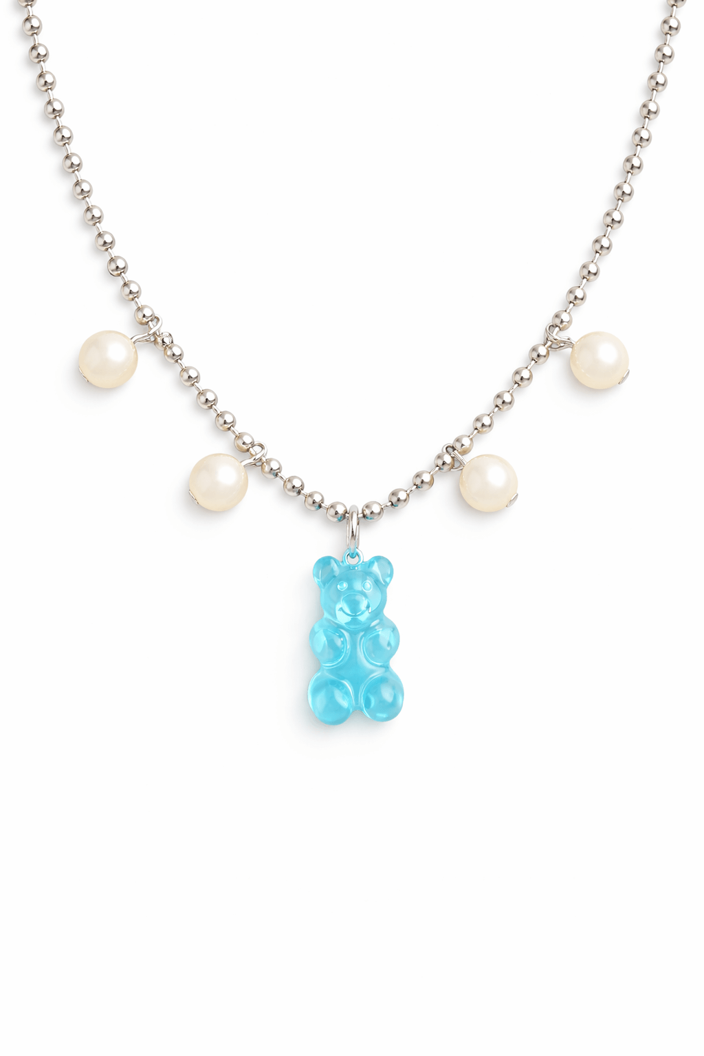 Dolce Bear Necklace with a blue gummy bear pendant and pearl-like beads on a white background