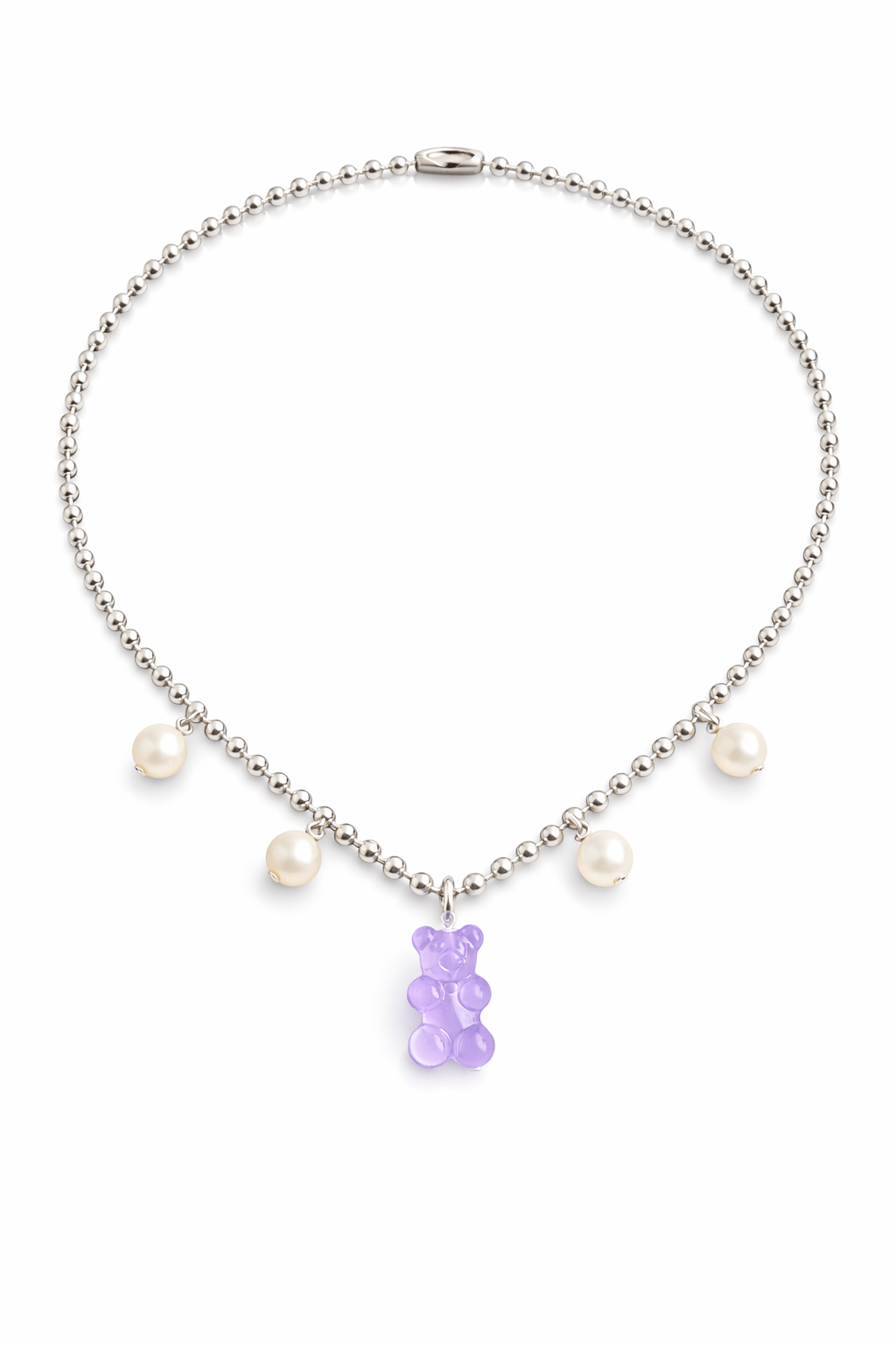 Dolce Bear Necklace with a purple gummy bear charm and pearl beads on a white background