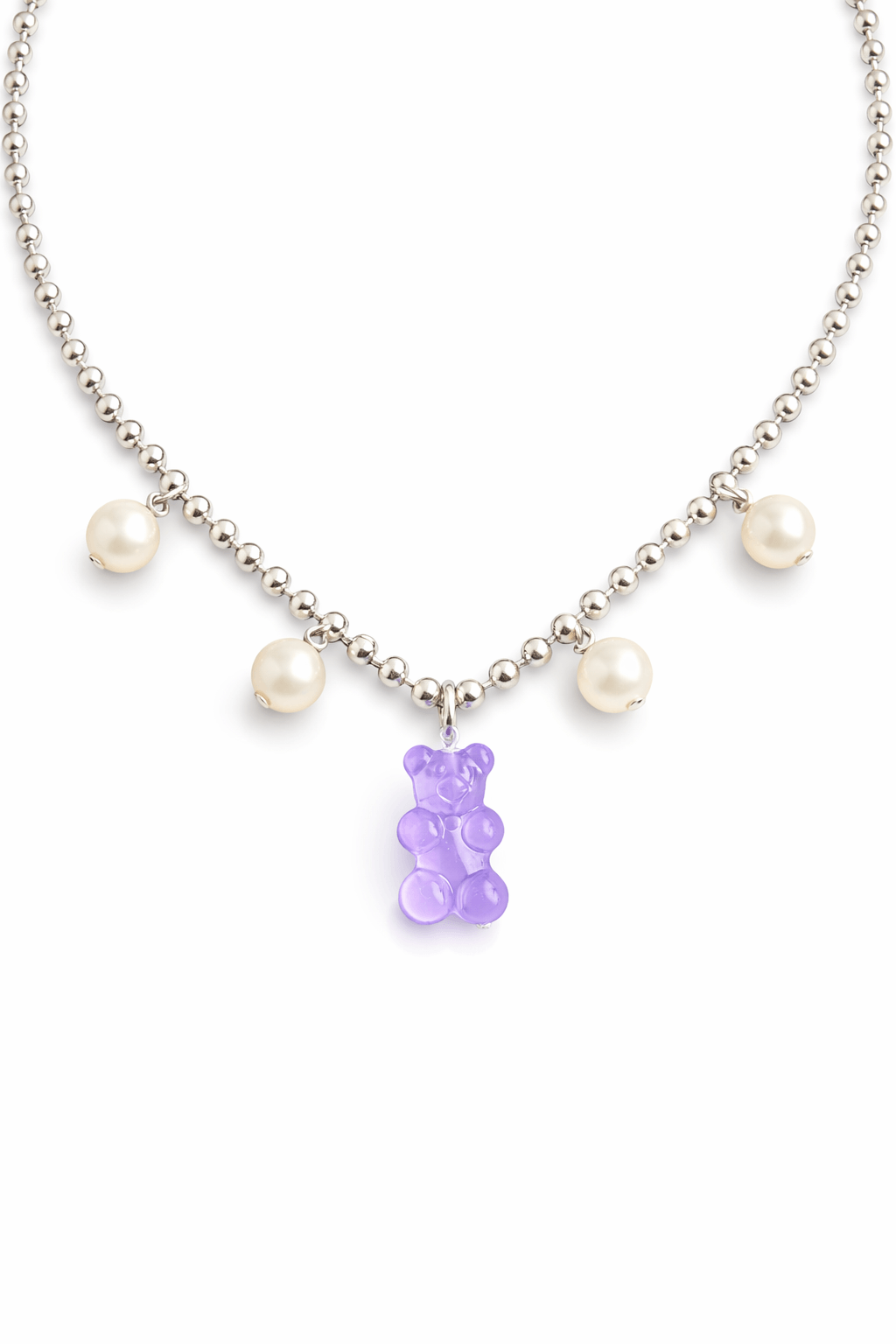 Dolce Bear Necklace with a purple gummy bear charm and pearl beads on a white background