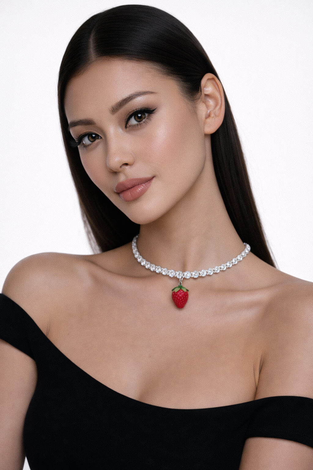 Woman wearing a black off-shoulder top and a necklace with a strawberry pendant on a white background