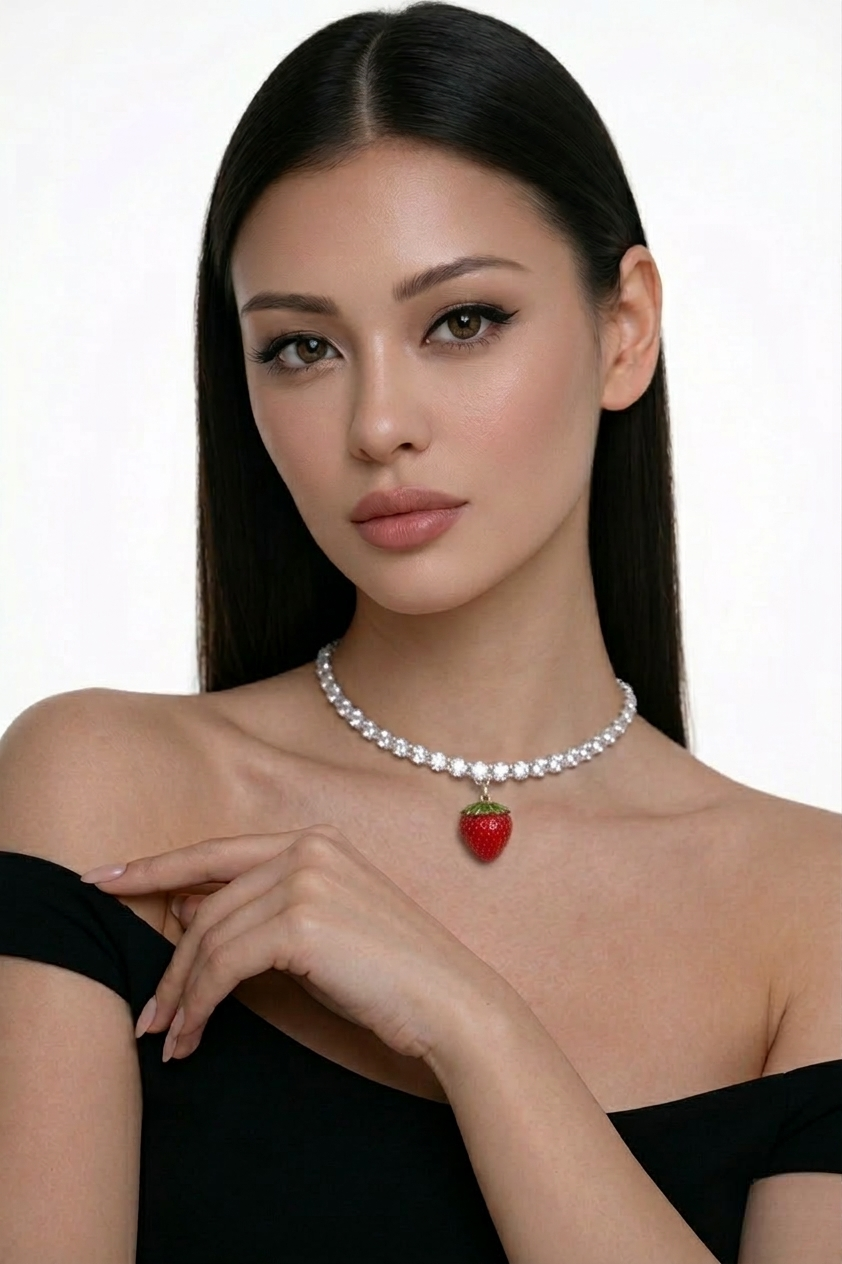 Woman wearing a tennis necklace with a strawberry pendant against a white background