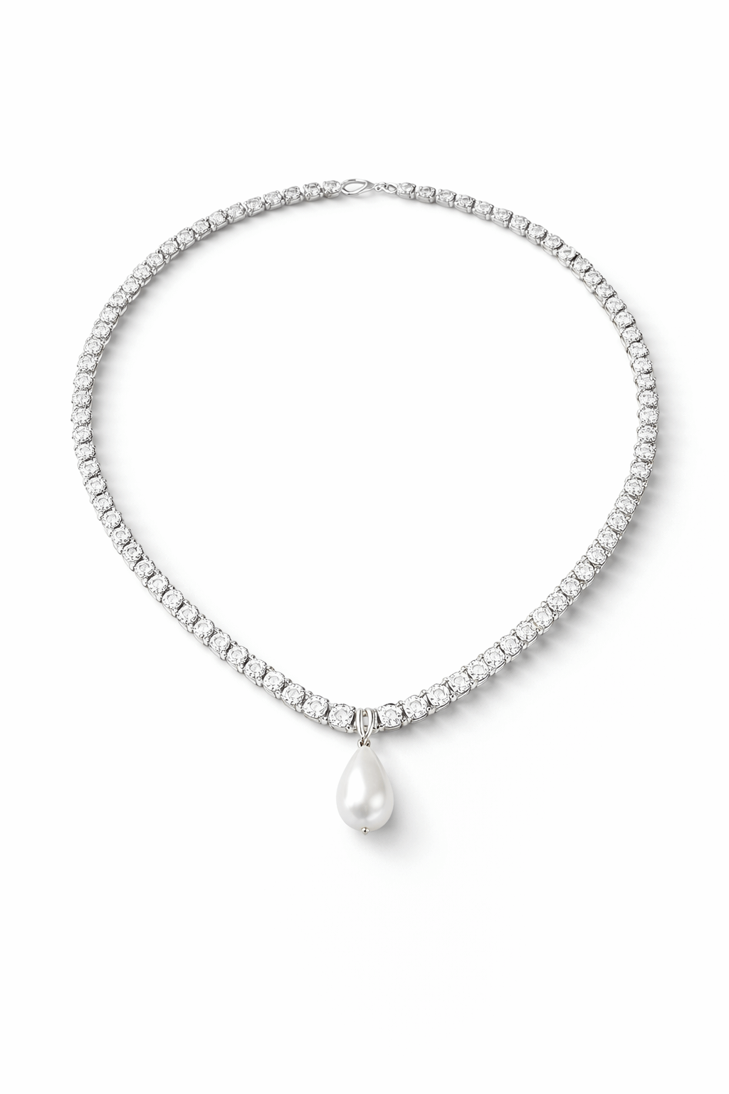 Silver necklace with a teardrop-shaped pearl on a white background, Josephine Necklace by Vintaras. 