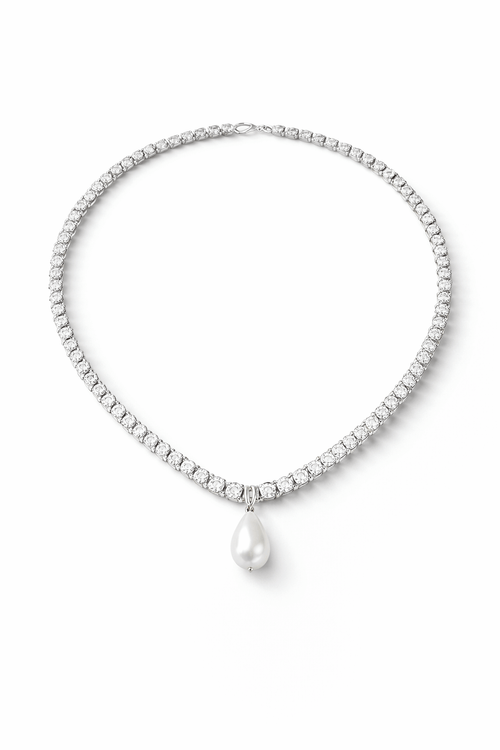 Silver necklace with a teardrop-shaped pearl on a white background, Josephine Necklace by Vintaras. 
