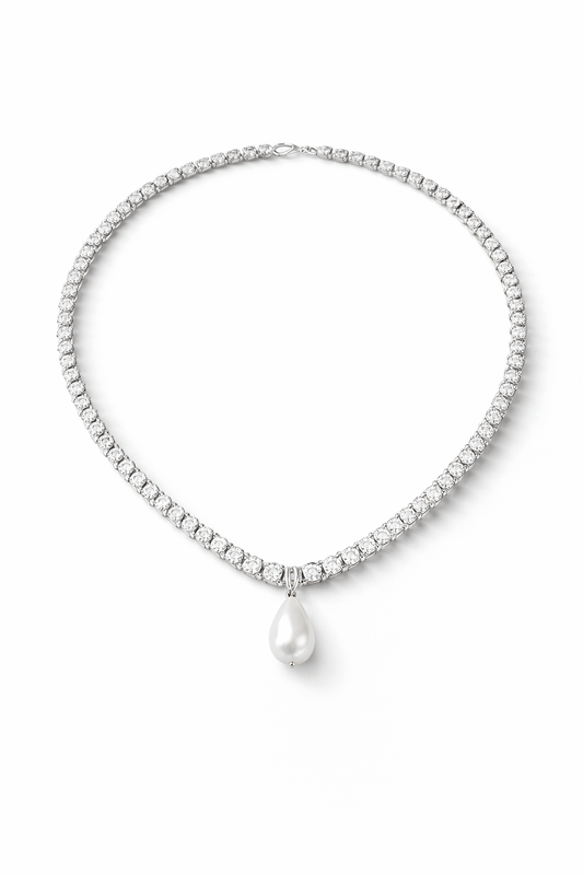 Silver necklace with a teardrop-shaped pearl on a white background, Josephine Necklace by Vintaras. 