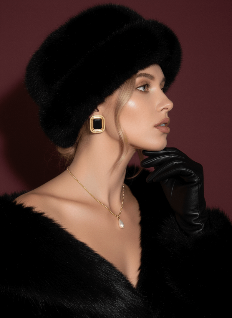 Woman wears a black faux fur coat, black fur hat, Laila black agate cabochon earrings and Amore pearl pendant necklace.