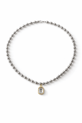 Silver beaded necklace with a pendant on a white background, Madeleine Necklace by Vintaras.