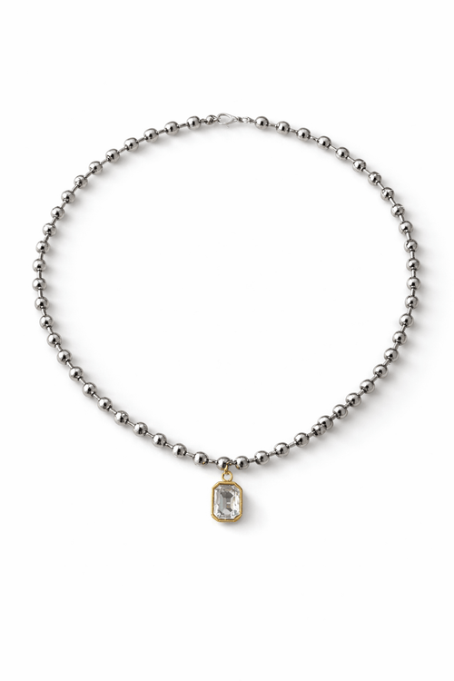 Silver beaded necklace with a pendant on a white background, Madeleine Necklace by Vintaras.