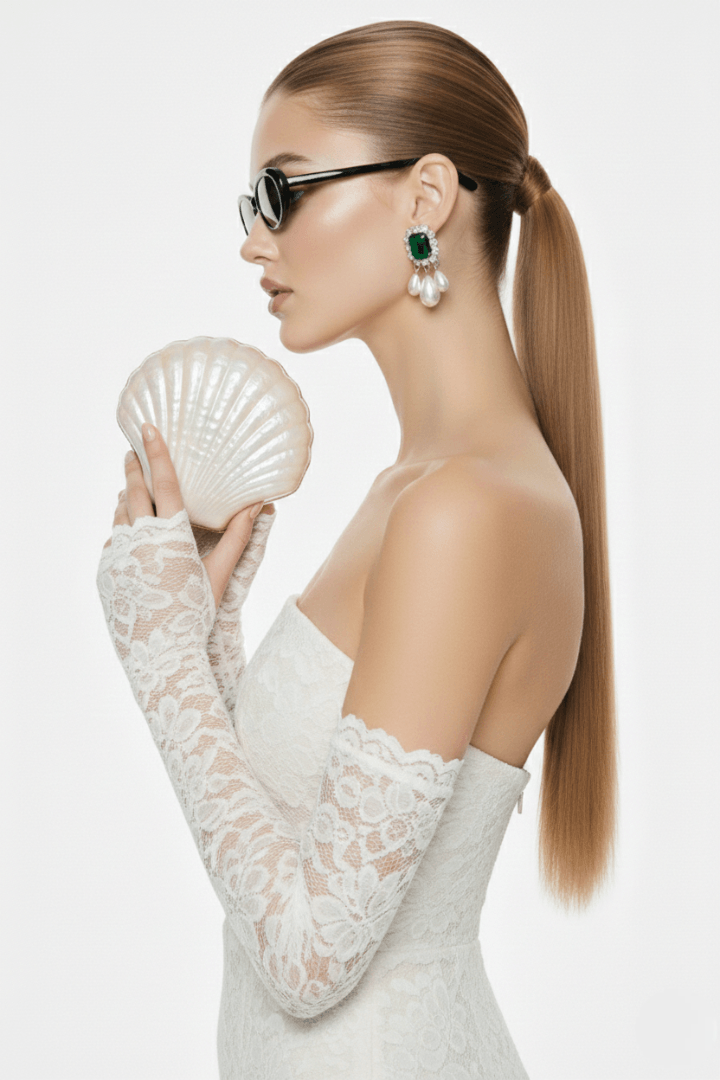 A bride wearing green gemstone earrings with pearl drops, a white bridal dress and lace gloves, and holding  a shell-shaped clutch with a plain background.