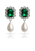 Pair of earrings with green gemstones and pearl drops on a white background