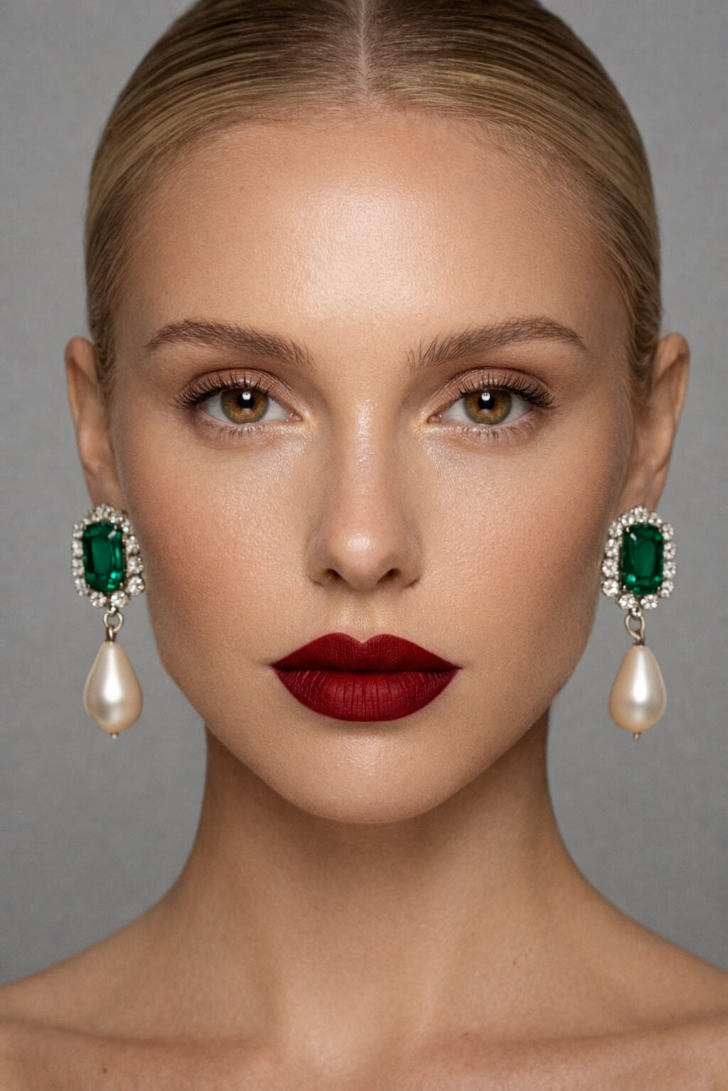Close-up of a woman wearing emerald and pearl earrings with a gray background