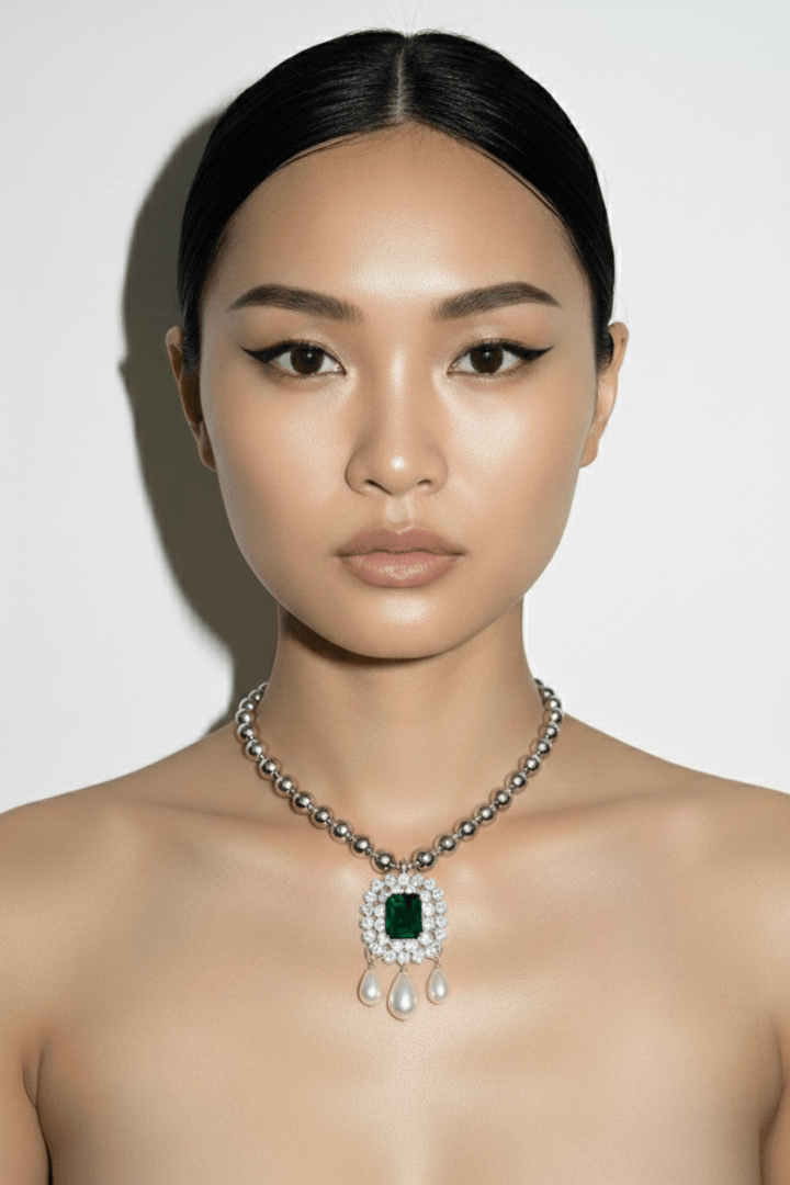 Woman wearing a Pearl necklace with a green gemstone pendant on a white background 