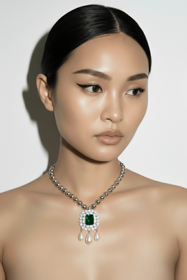 Woman wearing a necklace with an emerald pendant with pear pendants on a plain background