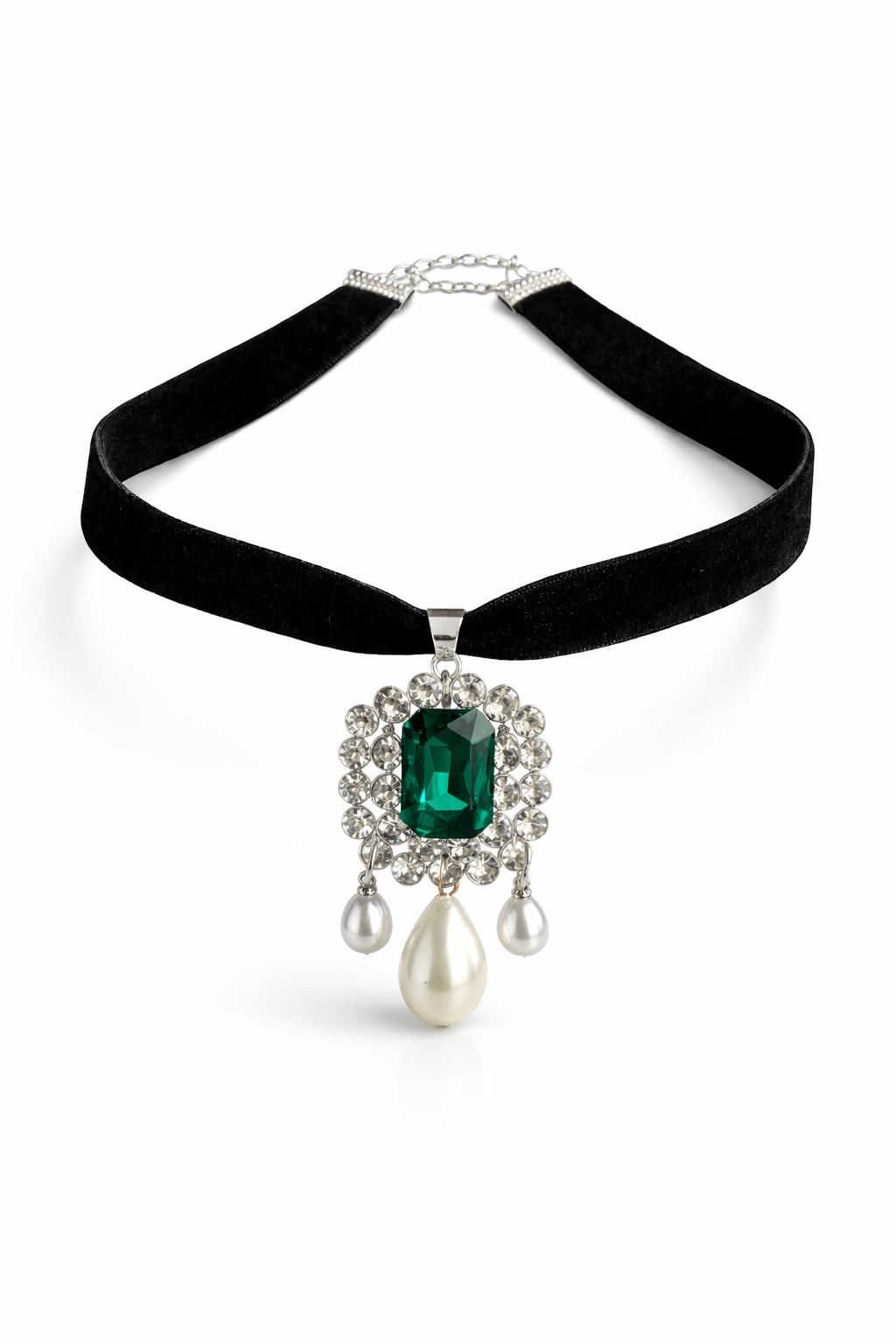 Black velvet necklace with a green gemstone and pearl pendant 