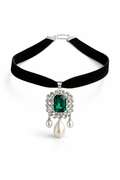 Black velvet necklace with a green gemstone and pearl pendant 