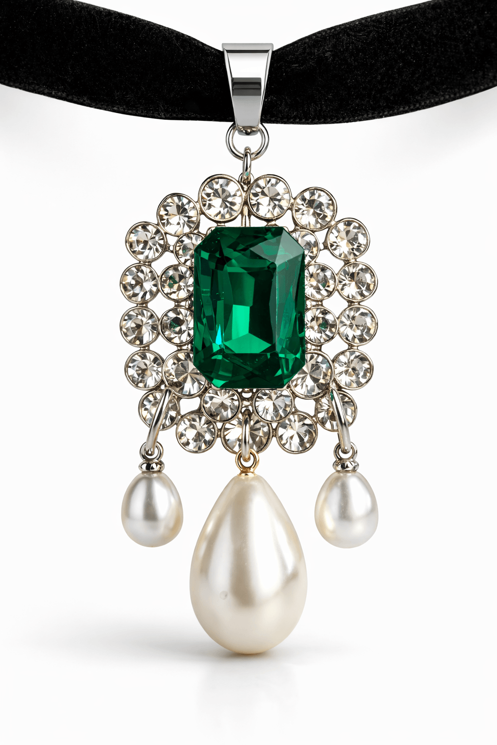 Black velvet necklace with a green gemstone and pearl pendant 