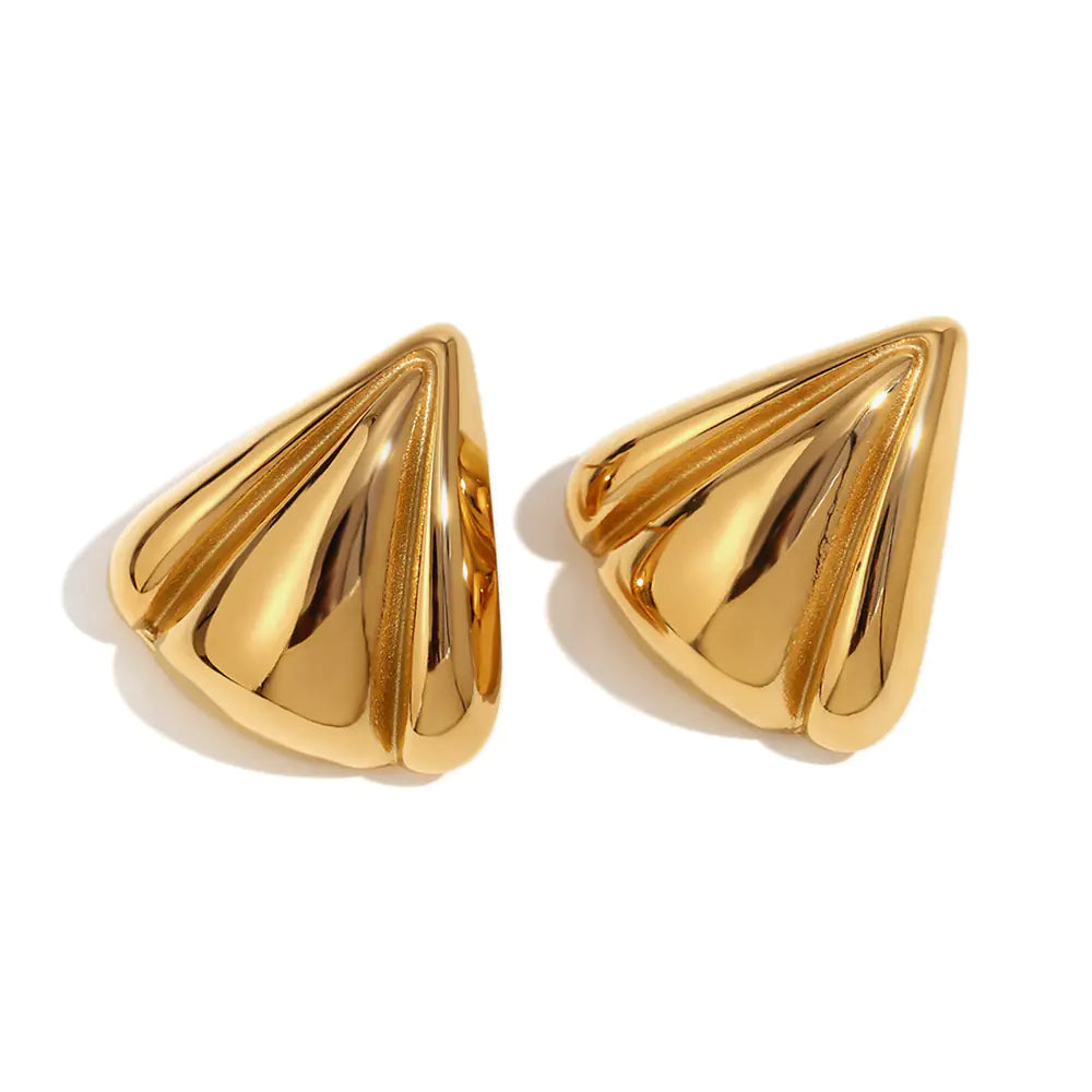 Pair of gold Vintaras Solis eaaring cone-shaped triangle earrings on a white background