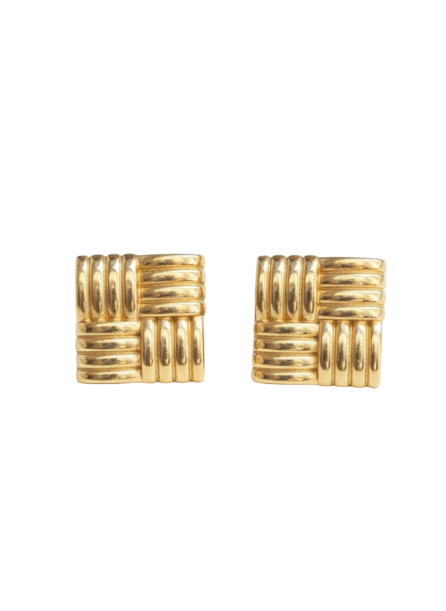 Pair of gold square stud earrings on a white background