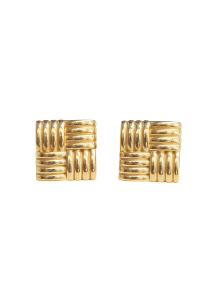 Pair of gold square stud earrings on a white background