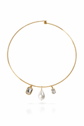 Gold necklace with three pendant stones on a white background, Trio Cuff Necklace by VINTARAS.
