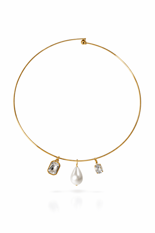 Gold necklace with three pendant stones on a white background, Trio Cuff Necklace by VINTARAS.