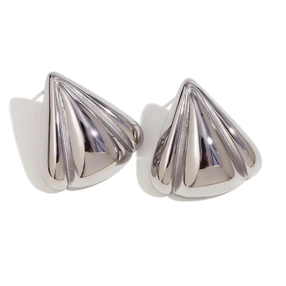 Pair of silver Vintaras Solis eaaring cone-shaped triangle earrings on a white background