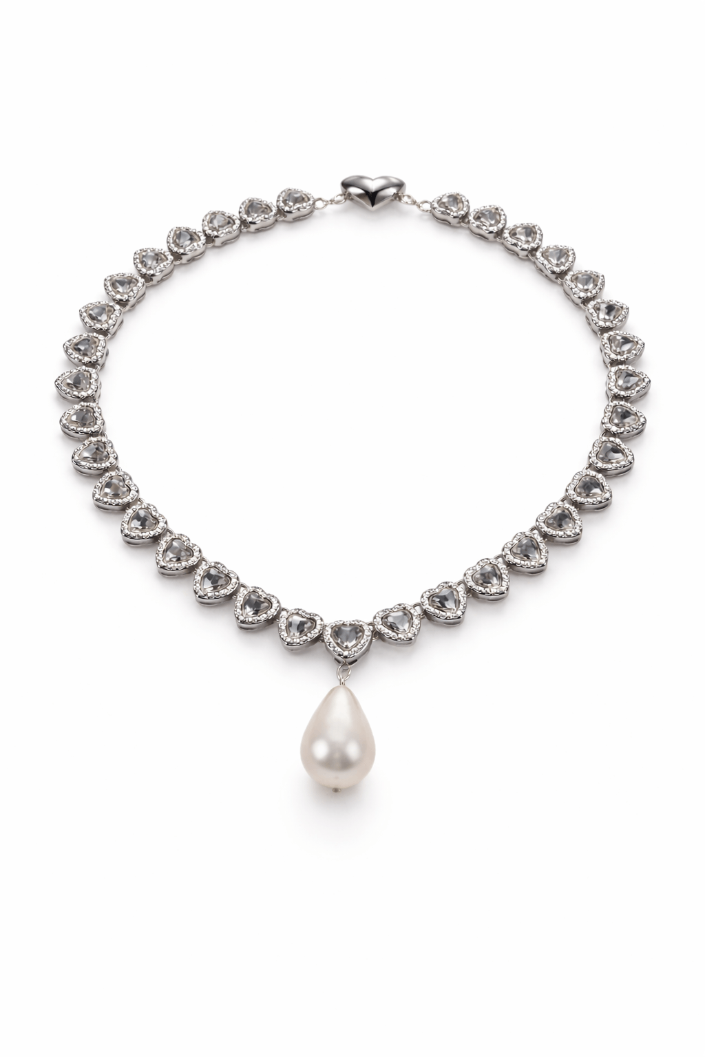 Silver necklace with heart-shaped crystals and a pearl pendant on a white background