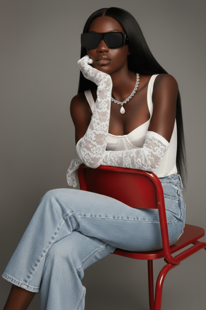 Woman sitting on a red chair wearing heart shaped necklace with a pearl pendant, sunglasses, bridal lace gloves, and blue jeans against a gray background.